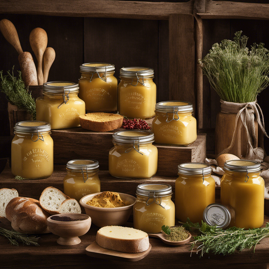 An image showcasing a rustic farmers market with vendors selling golden-hued cultured butter displayed in glass jars, nestled beside freshly baked artisan bread and a variety of aromatic herbs and spices