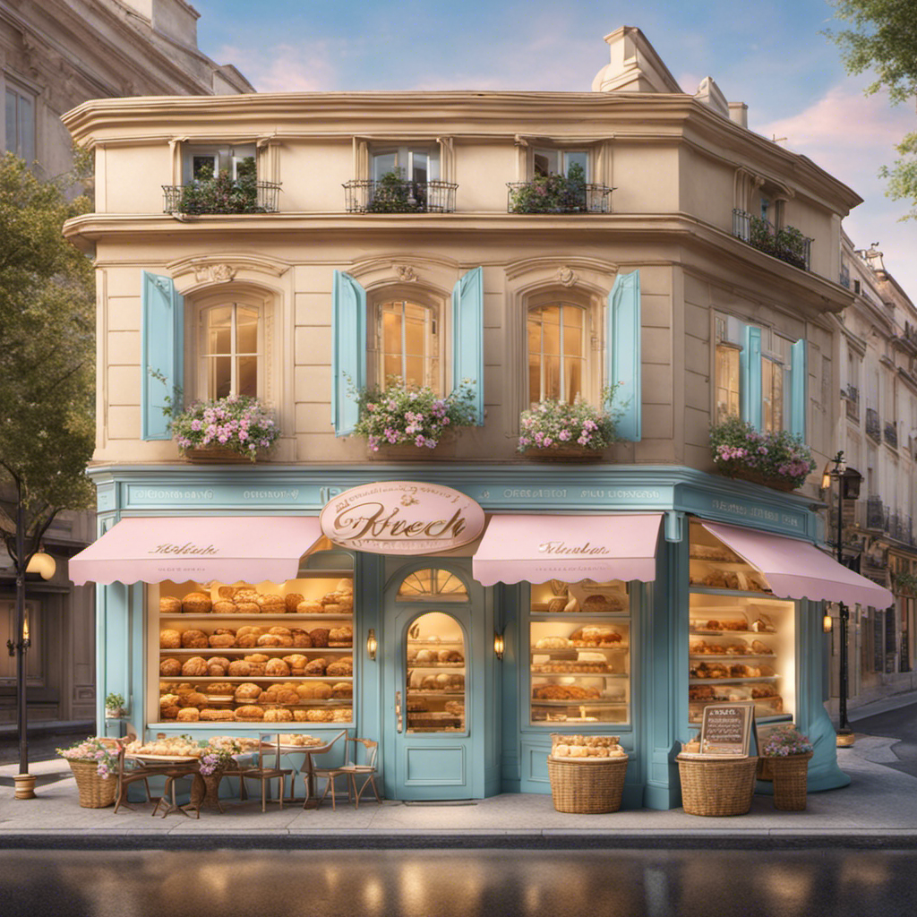 An image showcasing a charming French bakery, adorned with delicate pastel hues and a quaint storefront, displaying an array of luscious golden croissants, showcasing the perfect place to buy French butter nearby