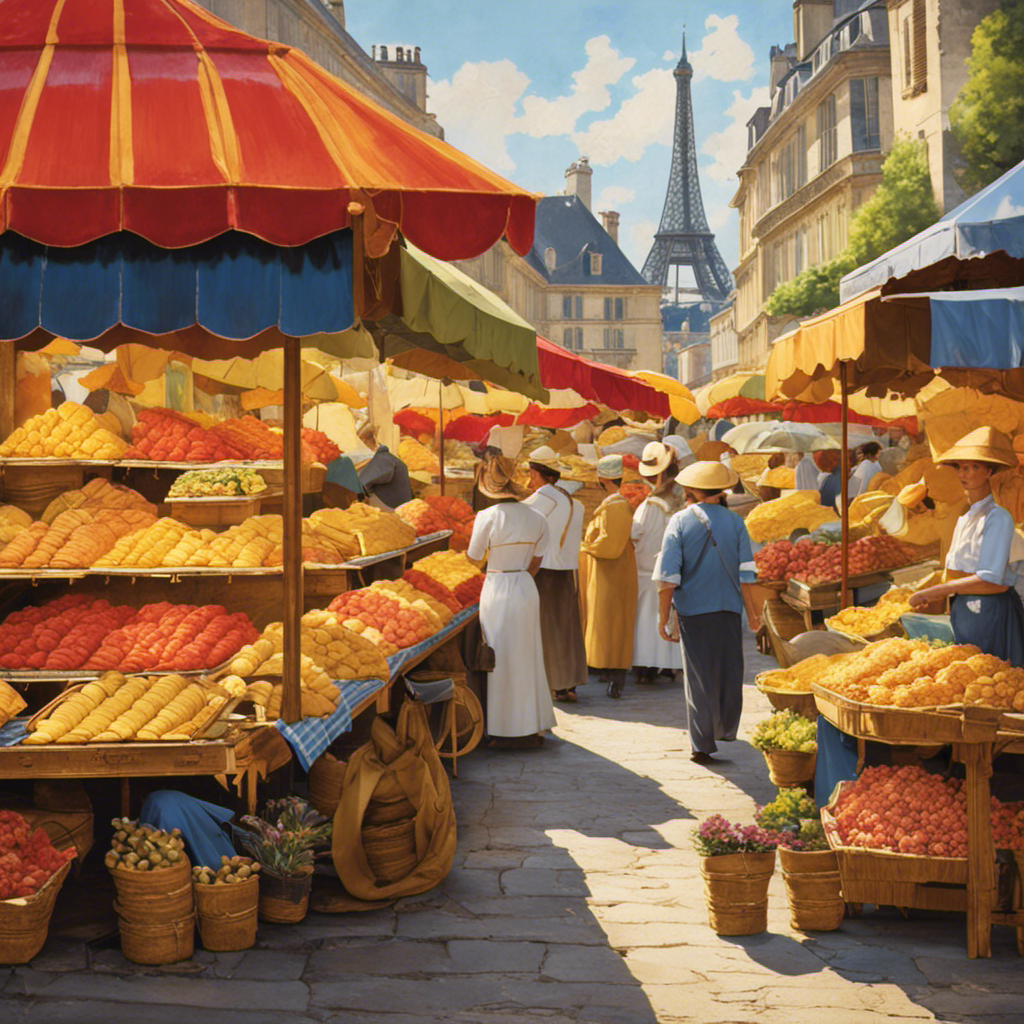 An image showcasing a bustling French market, with rows of quaint, open-air stalls adorned with vibrant umbrellas
