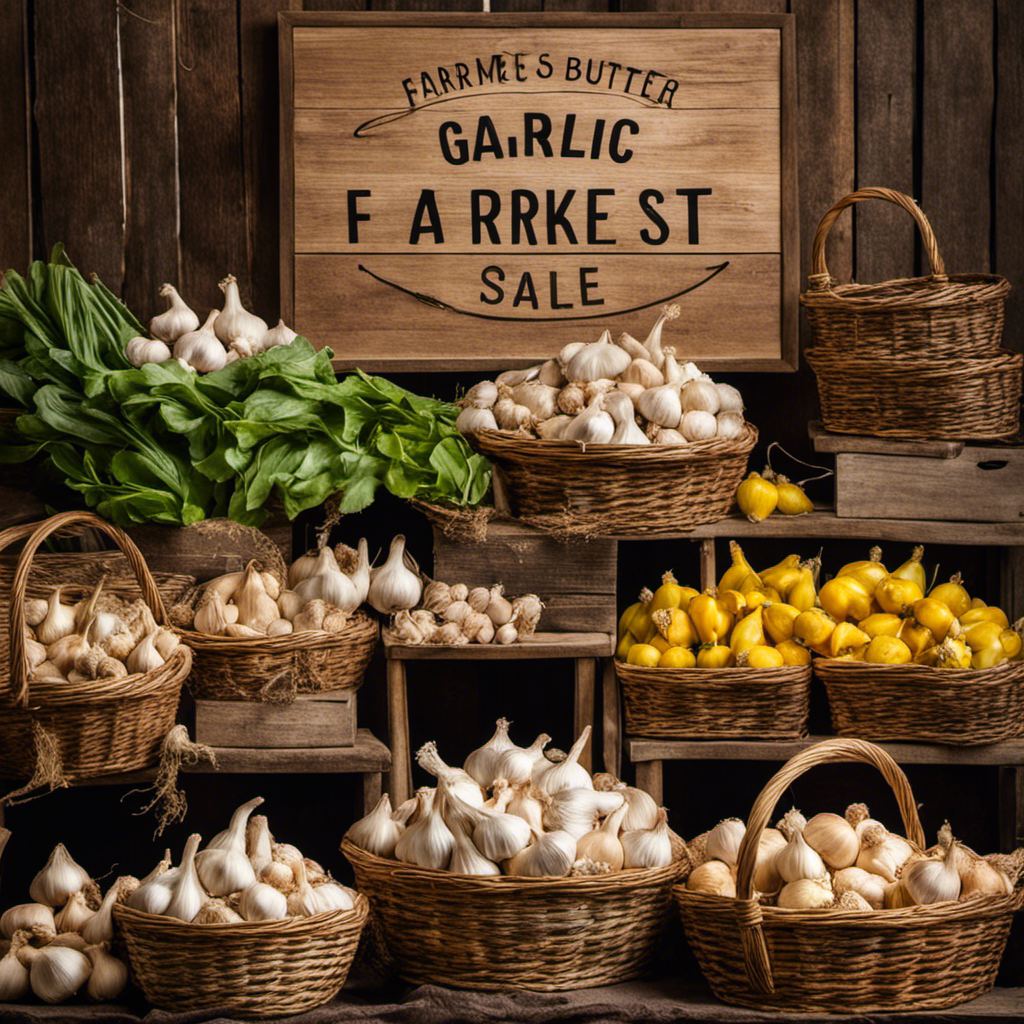 An image showcasing a vibrant farmers market stall, brimming with baskets of freshly harvested garlic bulbs and a rustic wooden sign displaying "Garlic Butter for Sale