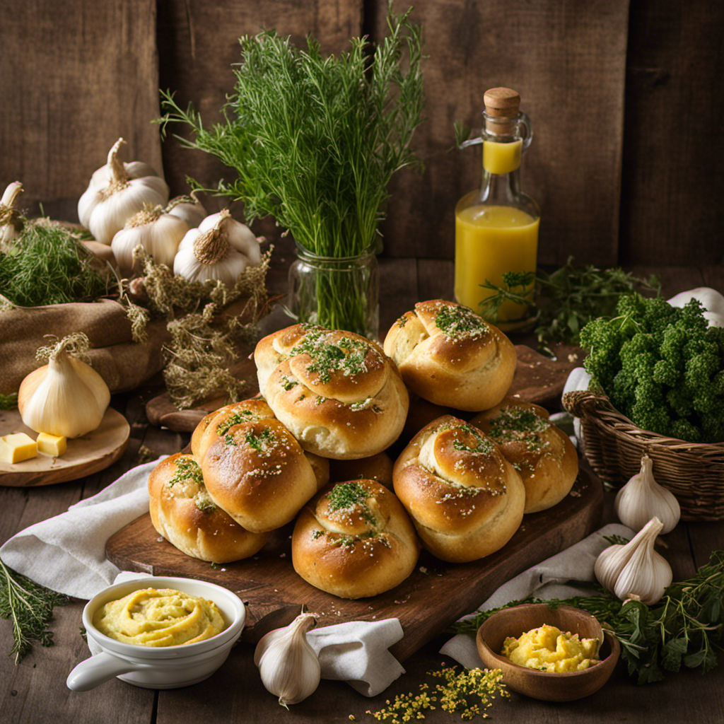 An enticing image showcasing a rustic wooden table adorned with a platter of golden-brown, freshly baked garlic herb butter rolls