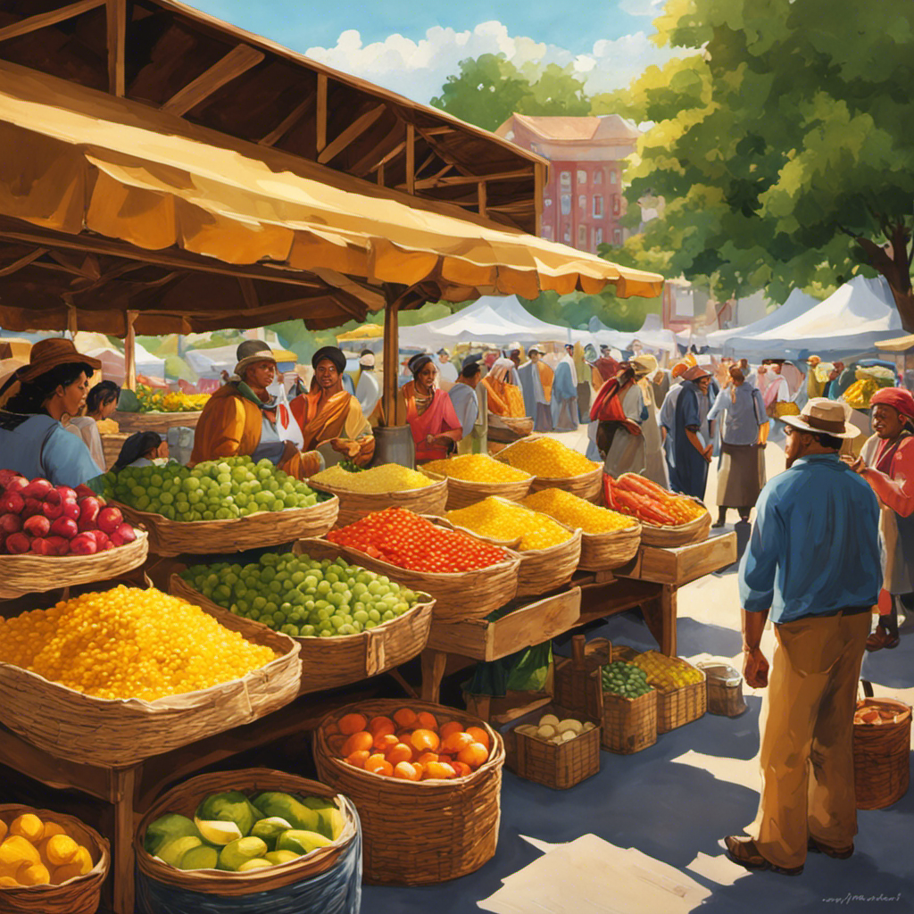 An image showcasing a bustling farmer's market, with vendors proudly displaying jars of fresh, golden ghee butter