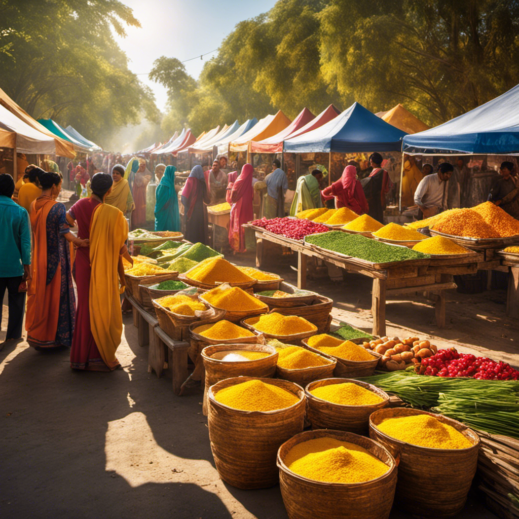 An image showcasing a bustling farmer's market, with vibrant stalls adorned with golden jars of ghee butter