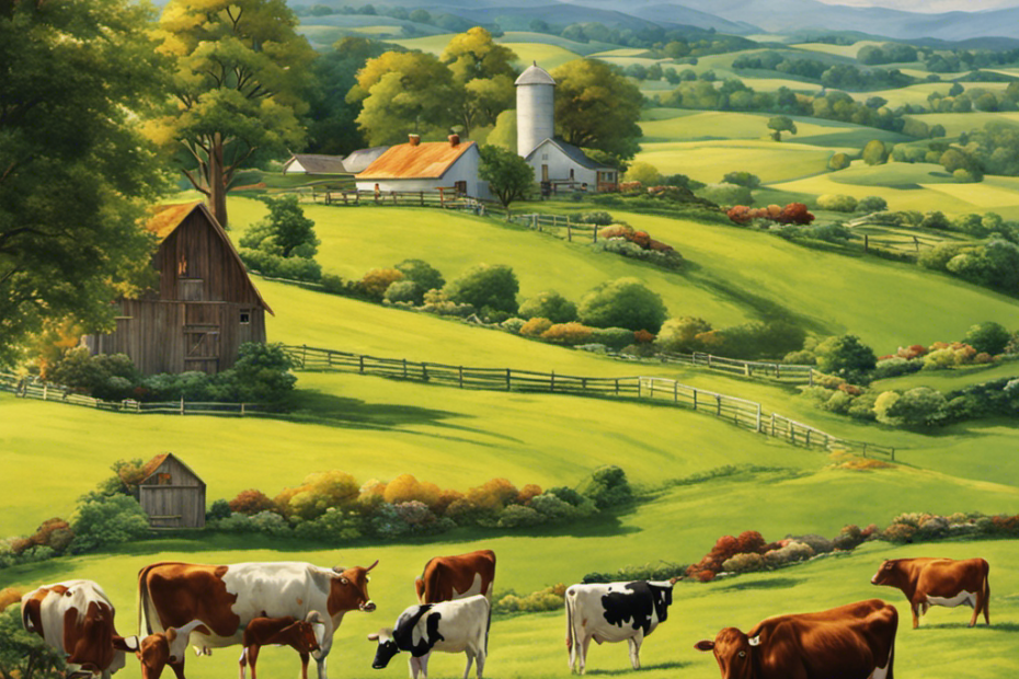 An image showcasing a picturesque countryside scene with rolling green pastures, dotted with contented cows grazing freely
