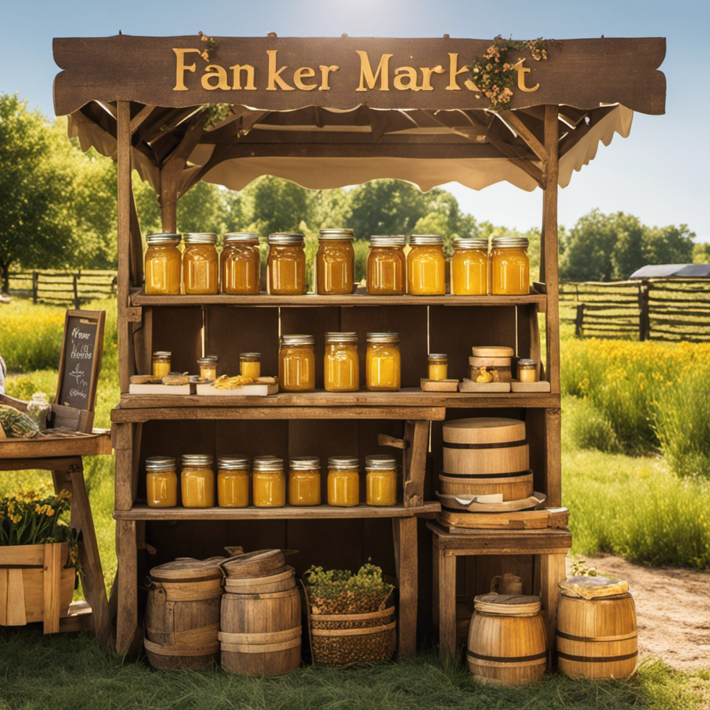 An image showcasing a rustic wooden farmer's market stall adorned with jars of golden honey butter, glistening in the sunlight