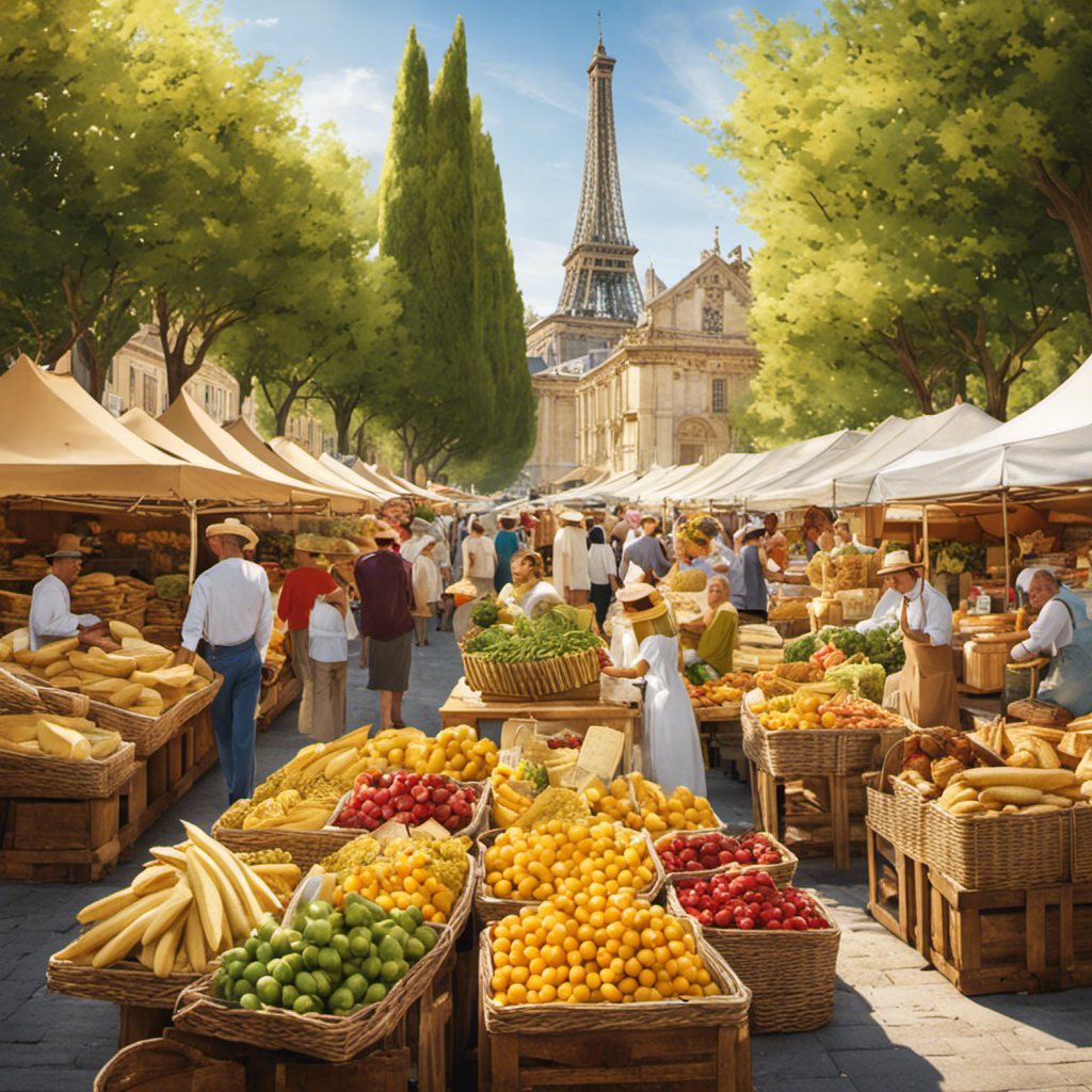 An image showcasing a bustling French farmers market, adorned with vibrant stalls offering fresh, creamy Les Pres Sales Butter