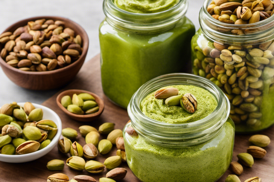 An image that showcases a neatly arranged display of vibrant green jars filled with creamy pistachio butter, surrounded by a variety of roasted pistachios, conveying a mouthwatering and enticing visual guide to the best places to buy this delectable spread