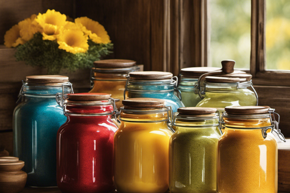 An image showcasing a rustic kitchen countertop adorned with a selection of vibrantly colored jars filled with powdered butter