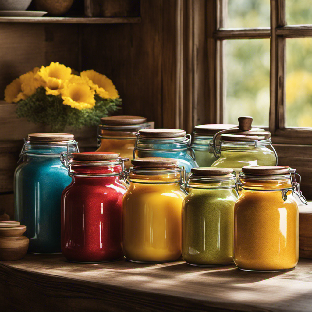 An image showcasing a rustic kitchen countertop adorned with a selection of vibrantly colored jars filled with powdered butter
