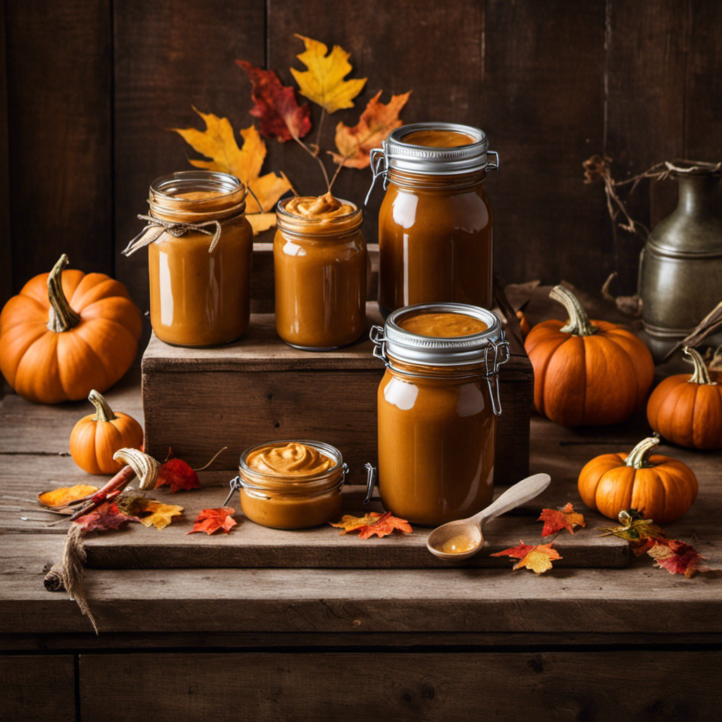 An image showcasing a rustic farmhouse kitchen countertop adorned with a charming wooden crate overflowing with jars of velvety pumpkin butter, accompanied by a whimsical spoon and a cluster of vibrant fall leaves