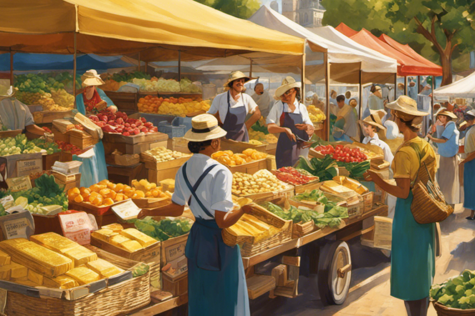 An image showcasing a bustling farmer's market with vibrant stalls, adorned with stacks of golden, freshly churned raw butter