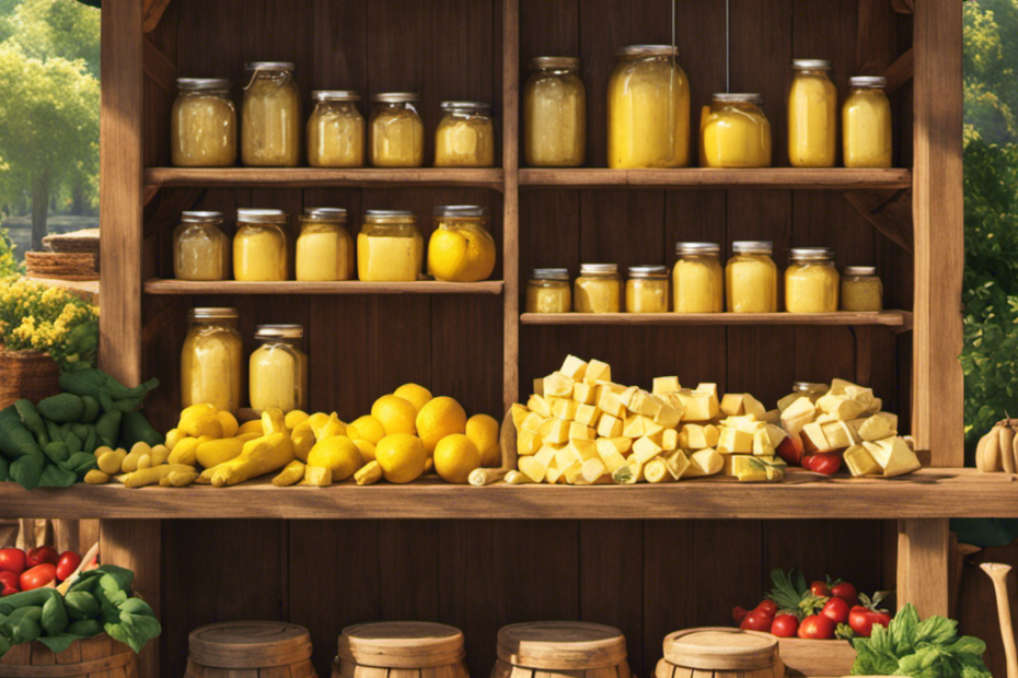 An image showcasing a rustic wooden farmer's market stall adorned with jars of creamy yellow raw butter, glistening under the warm sunlight