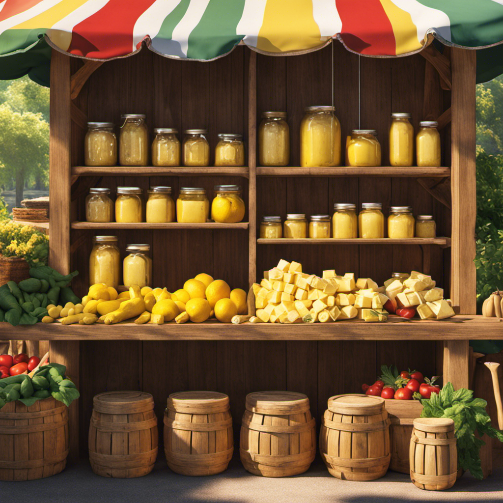 An image showcasing a rustic wooden farmer's market stall adorned with jars of creamy yellow raw butter, glistening under the warm sunlight