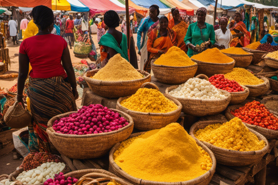 An image showcasing a vibrant marketplace filled with various stalls adorned with colorful baskets overflowing with raw shea butter