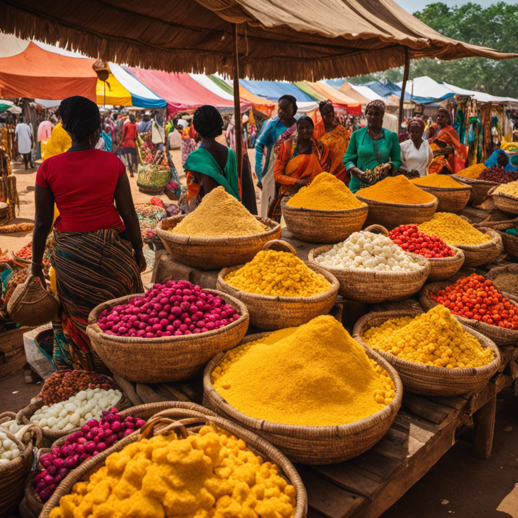 An image showcasing a vibrant marketplace filled with various stalls adorned with colorful baskets overflowing with raw shea butter