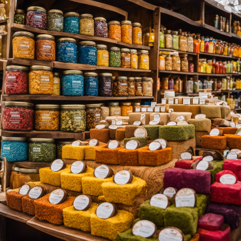 An image showcasing a vibrant, bustling marketplace, with a variety of local vendors proudly displaying their high-quality shea butter products