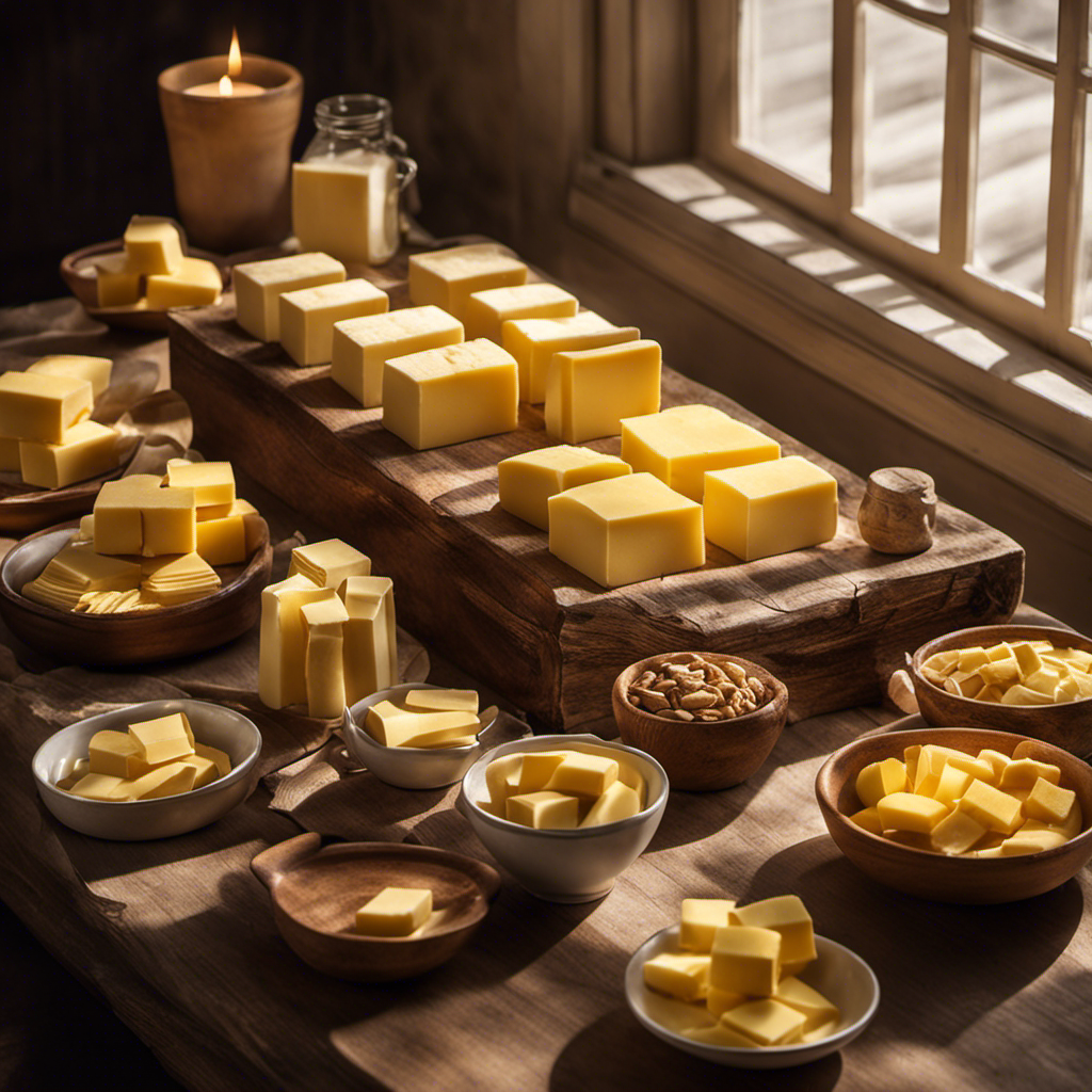 An image that showcases a rustic wooden table adorned with a variety of small butter packets from different brands, neatly arranged in rows