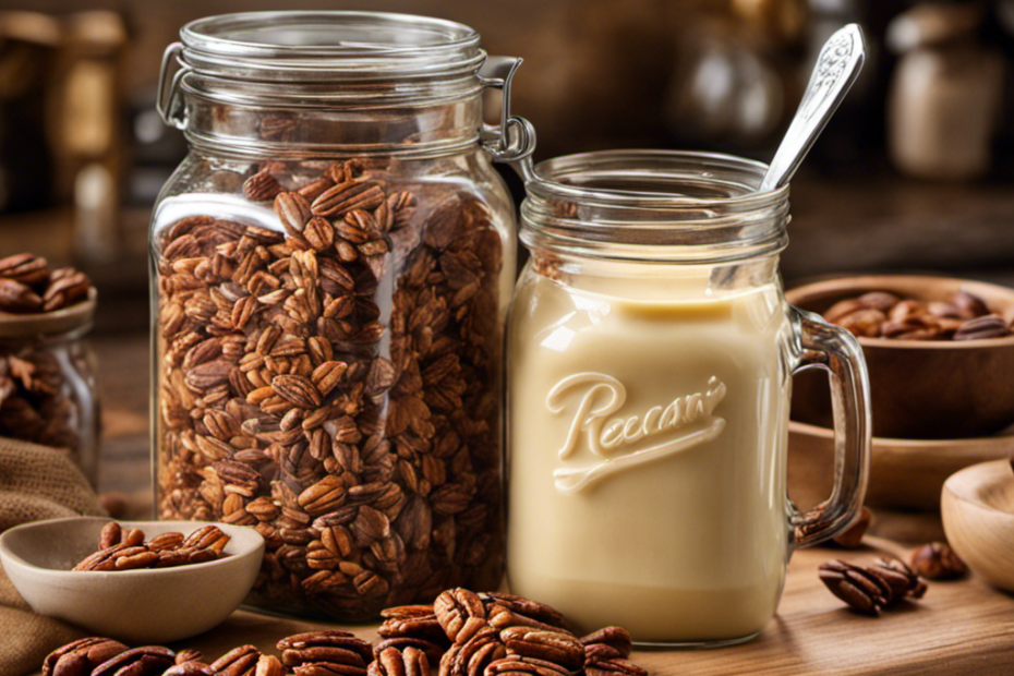 An image showcasing a rustic wooden kitchen countertop adorned with a mason jar filled with creamy Southern butter pecan creamer, surrounded by a scatter of crushed pecans, evoking a cozy and inviting atmosphere