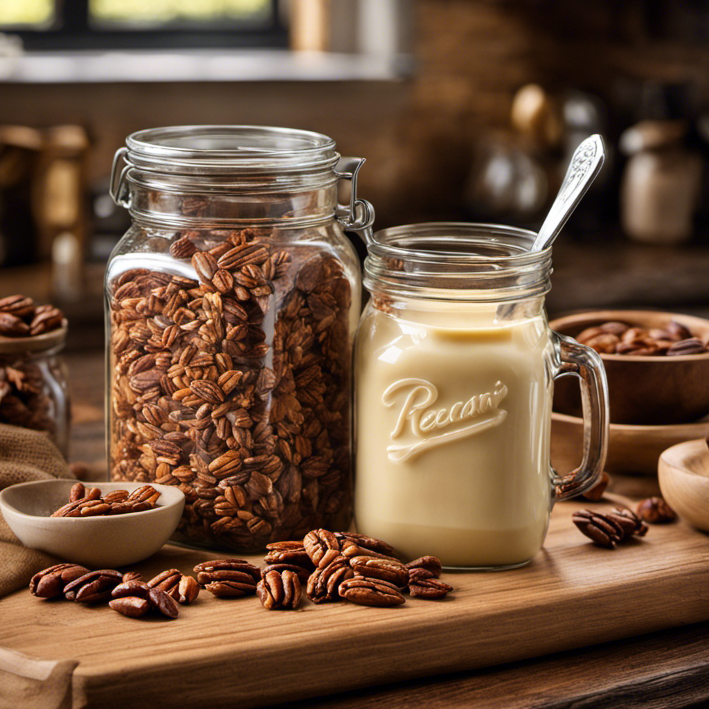 An image showcasing a rustic wooden kitchen countertop adorned with a mason jar filled with creamy Southern butter pecan creamer, surrounded by a scatter of crushed pecans, evoking a cozy and inviting atmosphere