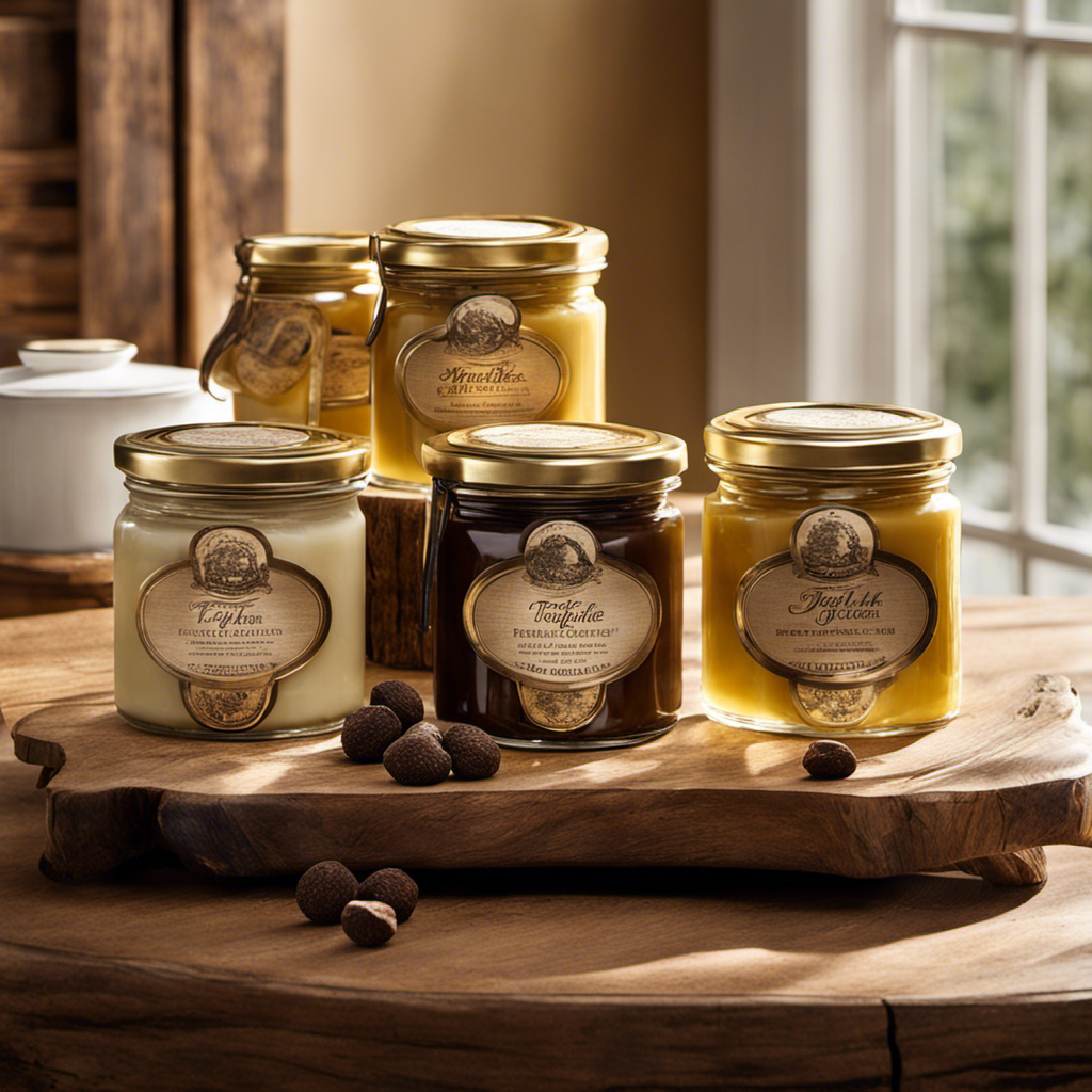 An image showcasing a rustic wooden table adorned with an array of luxurious truffle butter jars