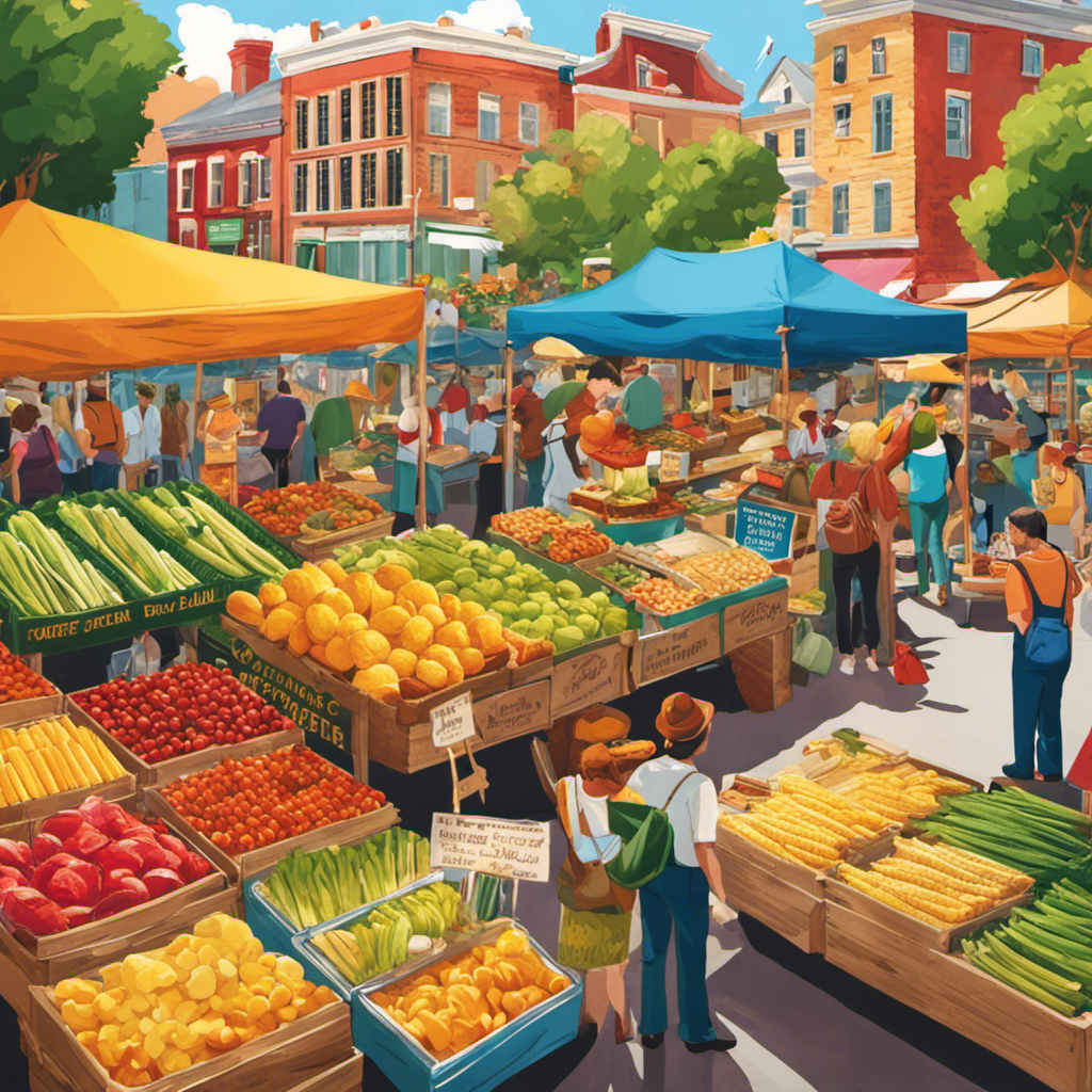 An image showcasing a vibrant, bustling farmers market with a variety of stalls offering vegan butter