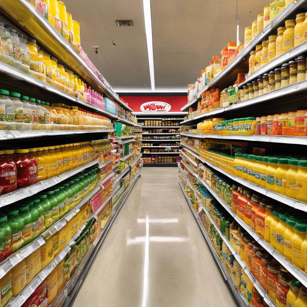 An image showcasing a vibrant grocery store aisle filled with neatly organized shelves, displaying various brands and sizes of Wow Butter jars