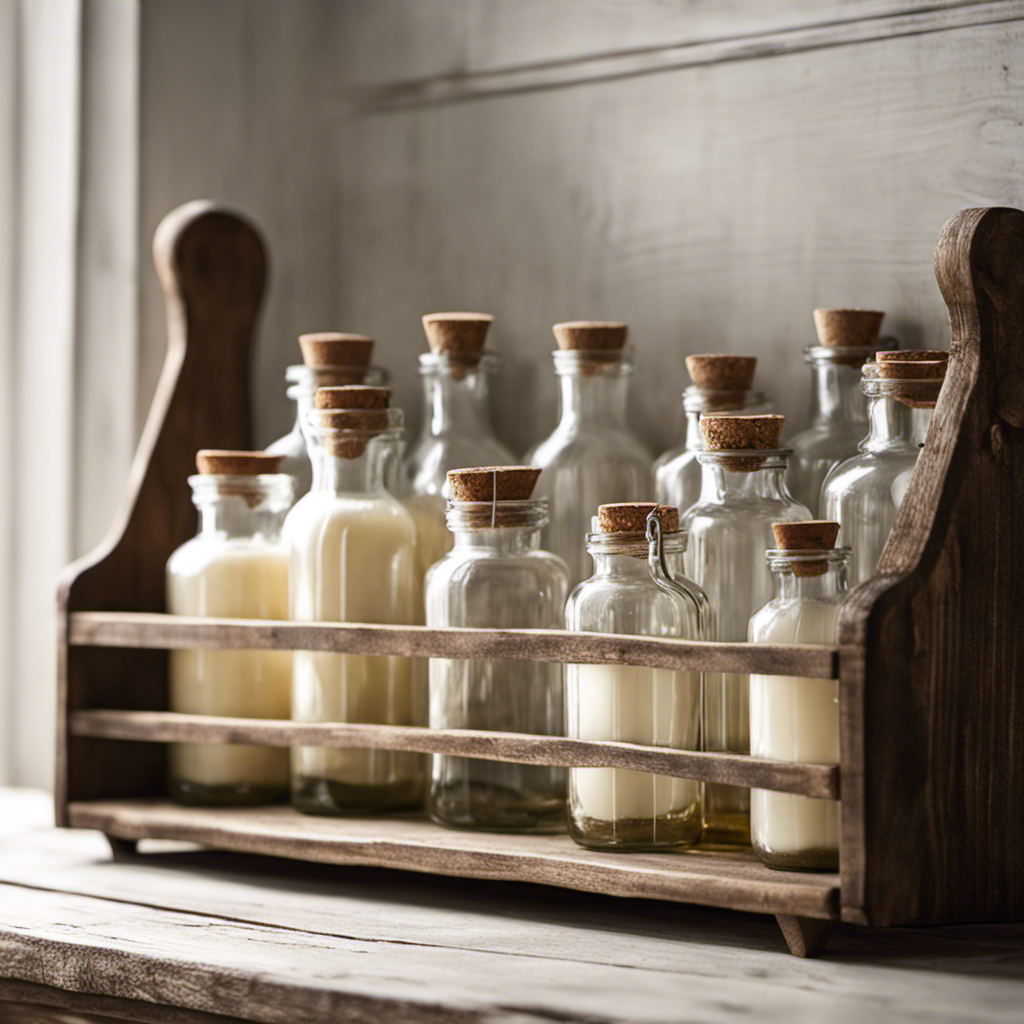 An image showcasing a rustic wooden shelf, filled with glass bottles of creamy buttermilk glistening in soft, natural light
