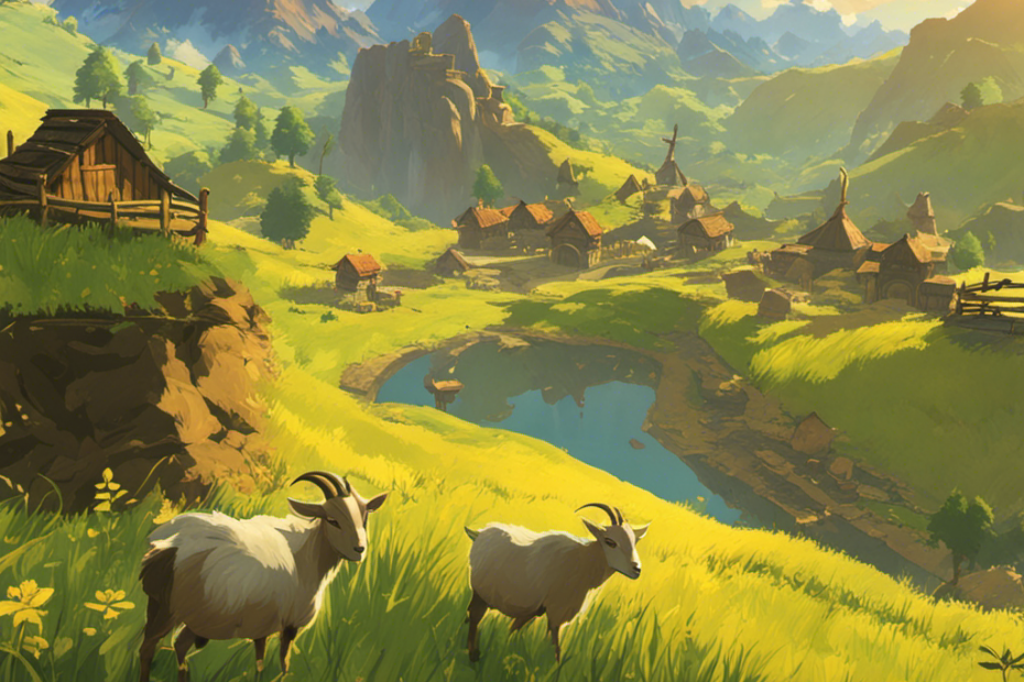 An image showcasing the enchanting landscape of the Eldin region in Breath of the Wild, with a picturesque goat farm nestled amidst rolling hills, where golden-hued goat butter is lovingly crafted