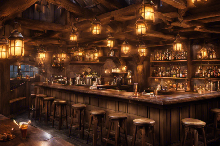 A whimsical image showcasing a cozy, vintage-inspired tavern with rustic wooden beams, adorned with flickering lanterns