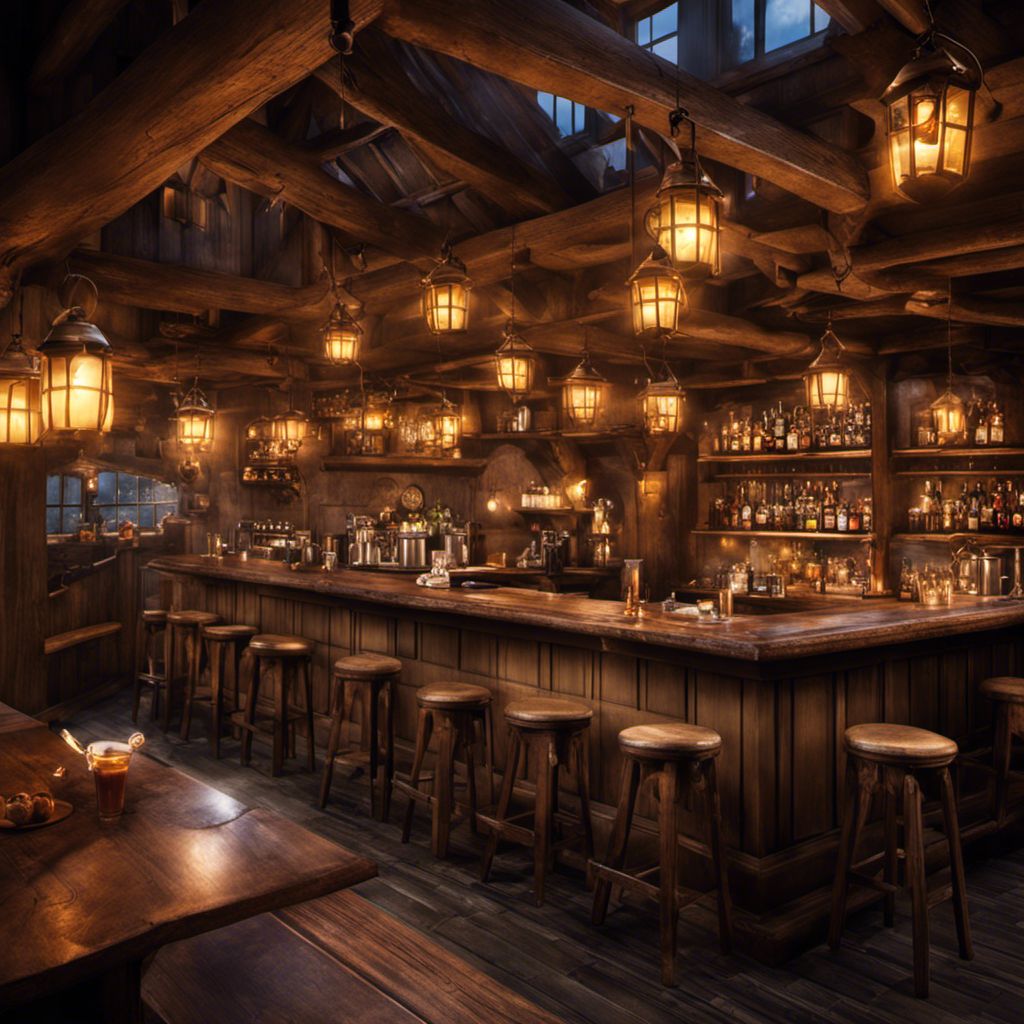 A whimsical image showcasing a cozy, vintage-inspired tavern with rustic wooden beams, adorned with flickering lanterns
