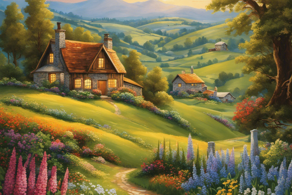 An image showcasing a quaint countryside landscape with rolling green hills, vibrant wildflowers, and a charming wooden cottage nestled amidst the valley