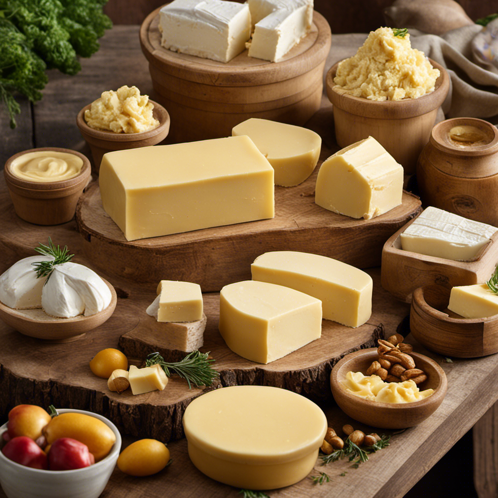 An image showcasing a serene and rustic farmers' market scene, with a vibrant display of golden-hued goat butter