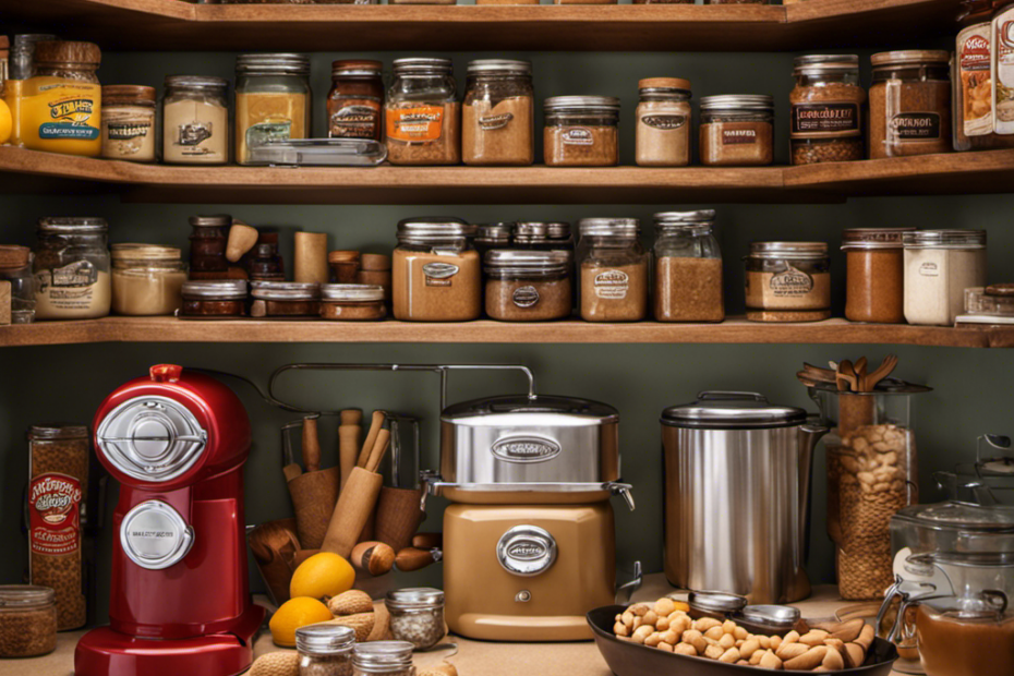 An image showcasing a vintage-style kitchen countertop, adorned with a Nostalgia Peanut Butter Maker surrounded by an array of neatly organized shelves filled with various spare parts and accessories, ready for purchase