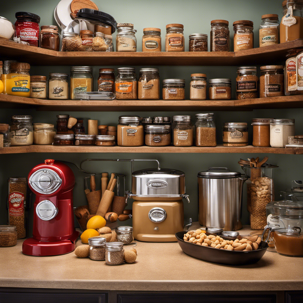 An image showcasing a vintage-style kitchen countertop, adorned with a Nostalgia Peanut Butter Maker surrounded by an array of neatly organized shelves filled with various spare parts and accessories, ready for purchase