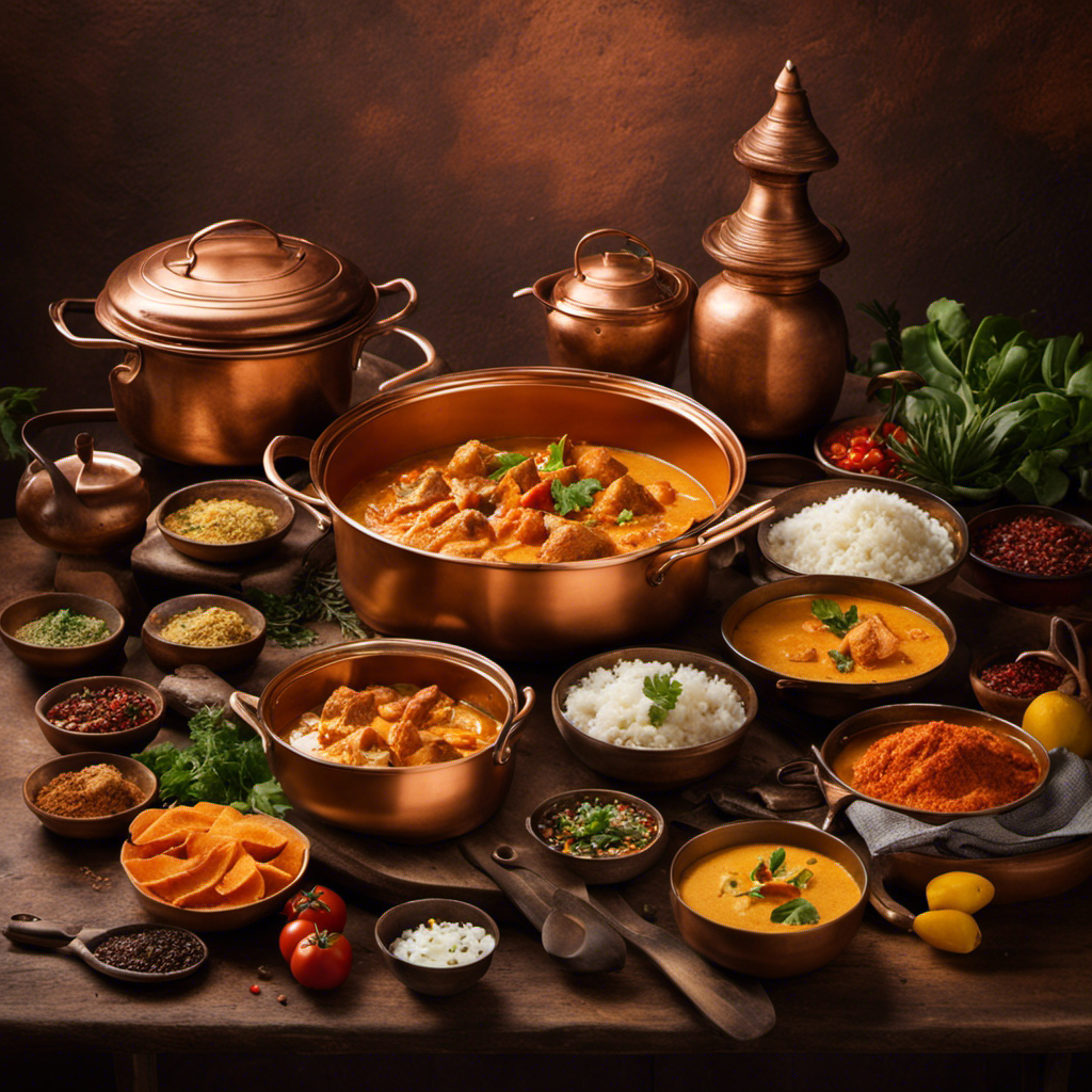 An image featuring a bustling kitchen, with a skilled chef passionately cooking a vibrant orange curry in a large copper pot, surrounded by aromatic spices and ingredients like succulent chicken, tomatoes, and butter, hinting at the birthplace of butter chicken