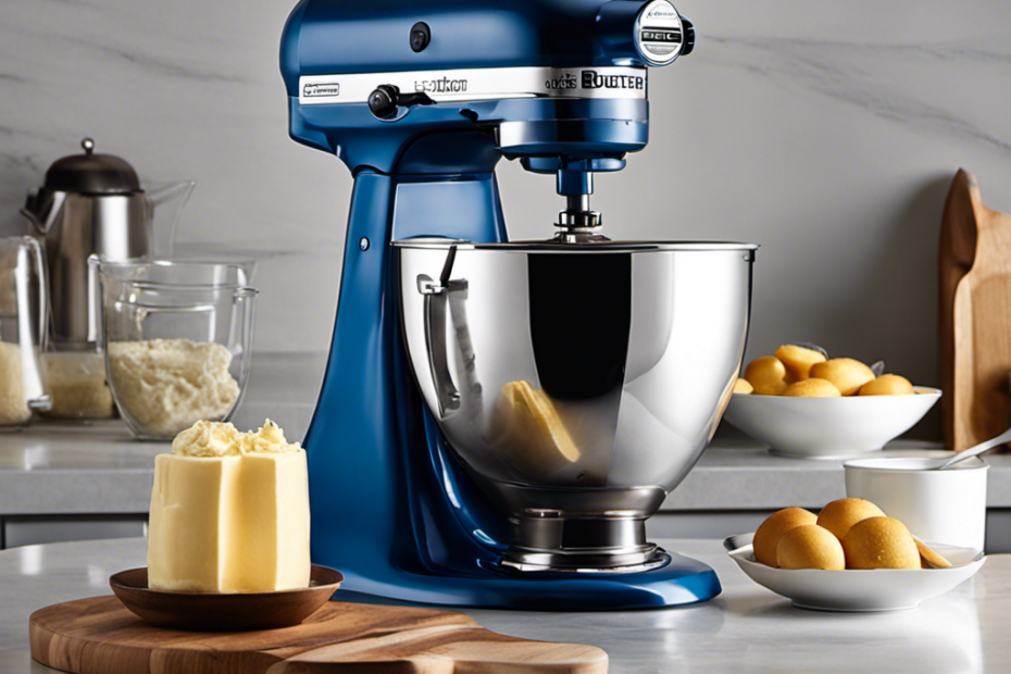 An image showcasing a stand mixer with a paddle attachment creaming butter and sugar in a glass mixing bowl