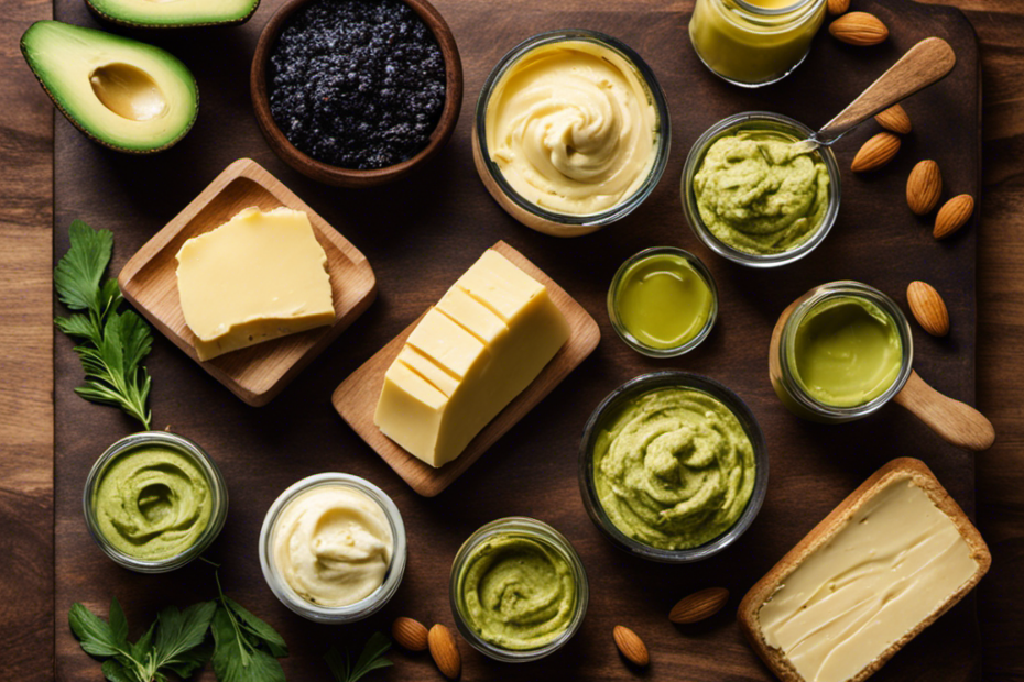 An image showcasing a variety of butter options, including grass-fed, almond, and avocado butter, all neatly arranged on a wooden board
