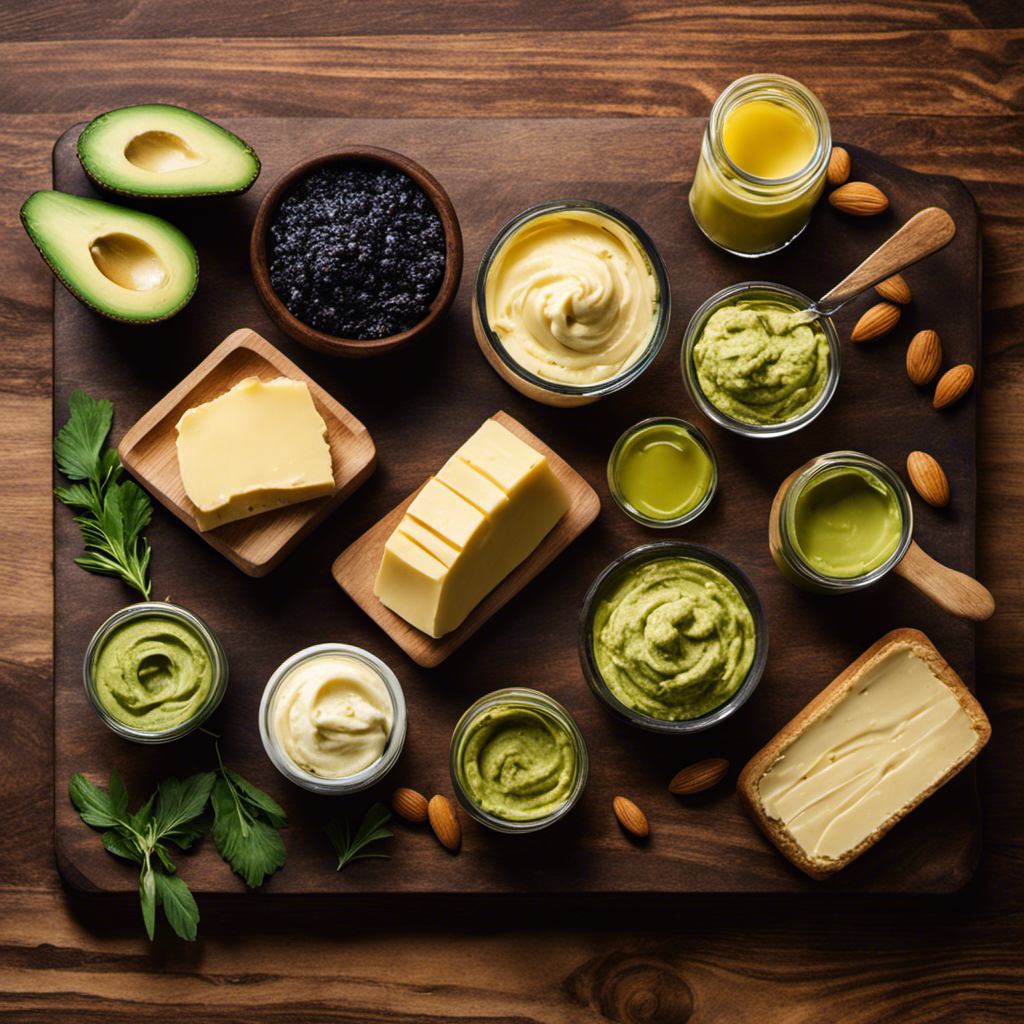 An image showcasing a variety of butter options, including grass-fed, almond, and avocado butter, all neatly arranged on a wooden board