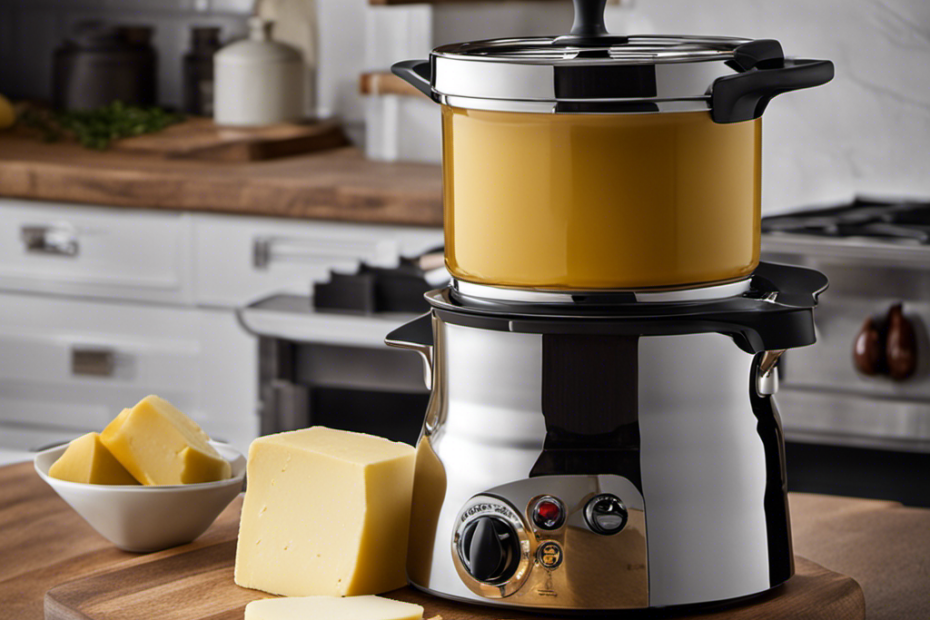 An image showcasing two types of butter makers side by side: a traditional stovetop double boiler method and a modern electric infuser
