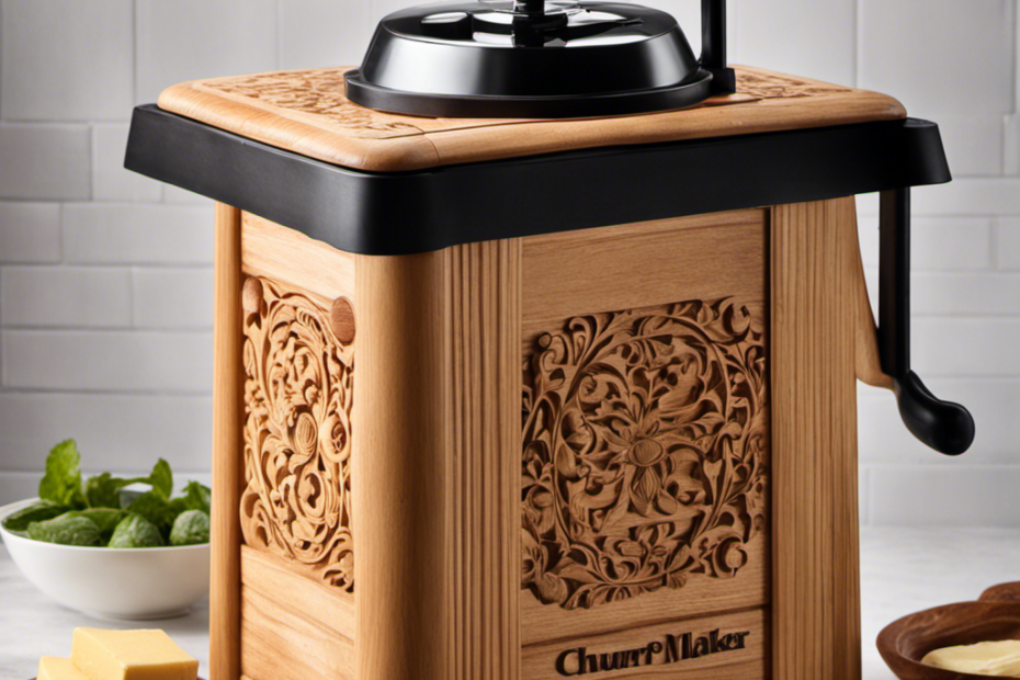 An image showcasing a wooden churn and a modern electric butter maker side by side