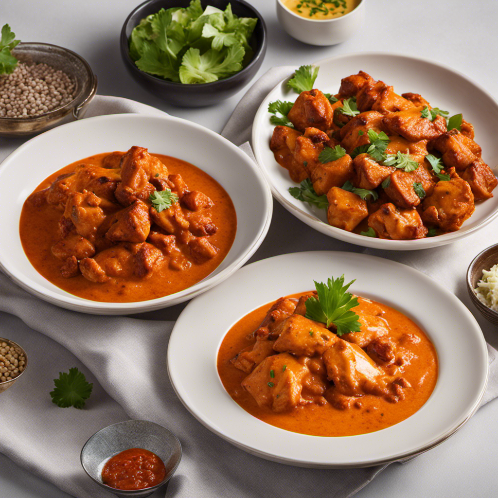 An image of two contrasting plates, one overflowing with succulent chunks of marinated chicken tikka, smothered in a vibrant red sauce; the other showcasing golden pieces of tender butter chicken, swimming in a creamy, buttery gravy