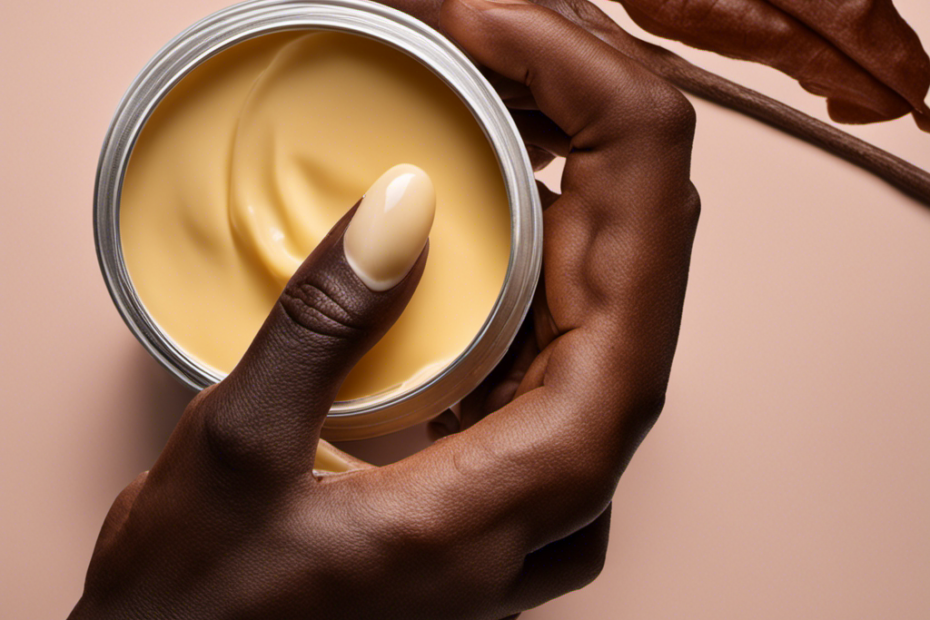 An image showcasing two hands, one gently applying cocoa butter on a scar, while the other hand applies shea butter