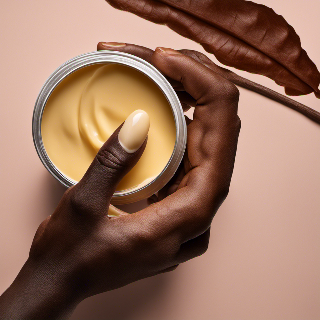 An image showcasing two hands, one gently applying cocoa butter on a scar, while the other hand applies shea butter