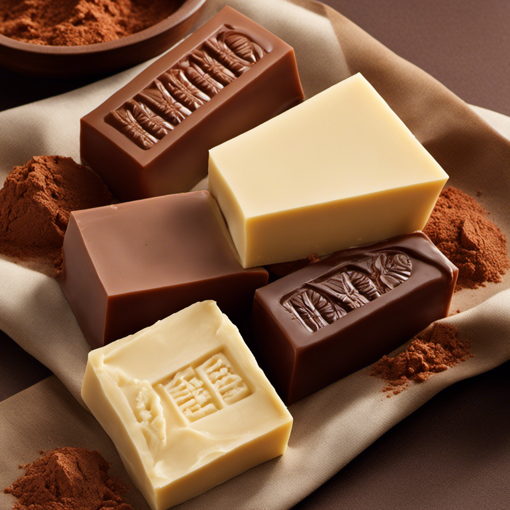 An image showcasing two lush, smooth butter blocks side by side; one cream-colored Shea Butter, radiating a warm glow, and the other a rich, chocolatey Cocoa Butter, exuding a velvety texture