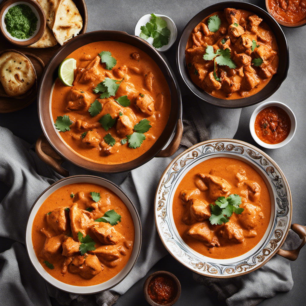 An image showcasing two steaming plates of Indian cuisine: one plate of creamy butter chicken, rich with tomato-infused gravy, and another plate of vibrant tikka masala, featuring tender grilled chicken in a spiced yogurt sauce