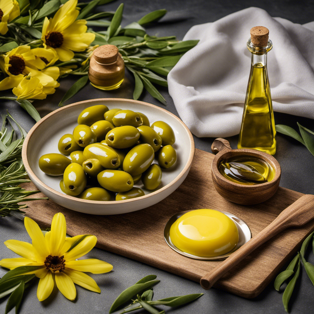 An image showcasing a pair of golden butter sticks and a bottle of extra virgin olive oil, surrounded by vibrant green olives and luscious yellow flowers, evoking a sense of freshness and contrasting flavors