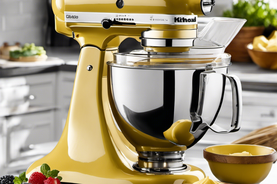 An image showcasing a Kitchenaid stand mixer with its whisk attachment being used to effortlessly cream together butter and sugar, resulting in a fluffy, perfectly blended mixture