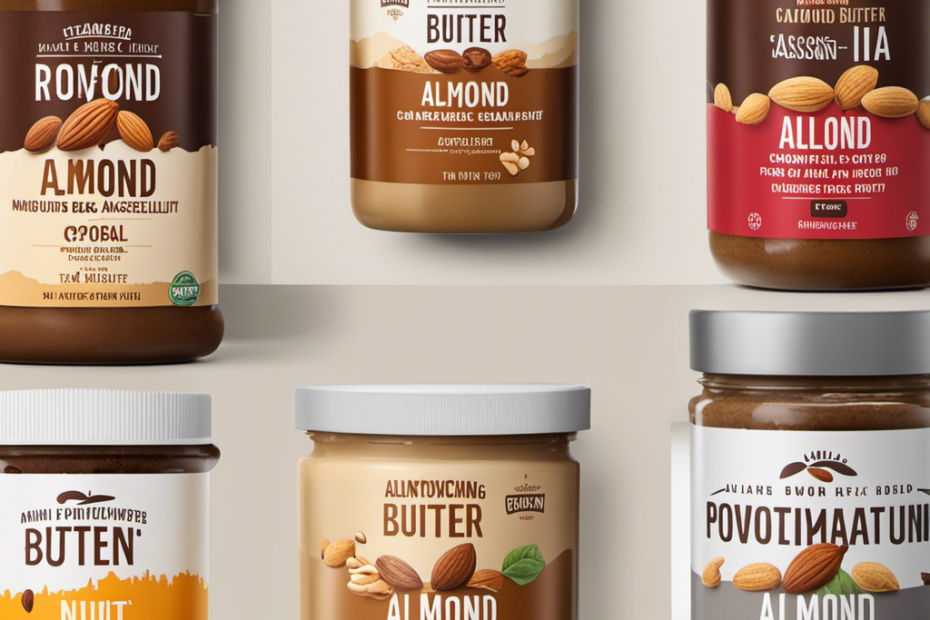 An image showcasing various nut butter jars side by side, with each jar labeled: almond, peanut, cashew, and hazelnut