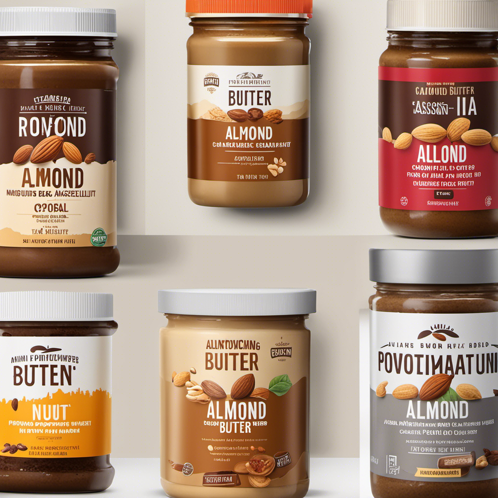 An image showcasing various nut butter jars side by side, with each jar labeled: almond, peanut, cashew, and hazelnut
