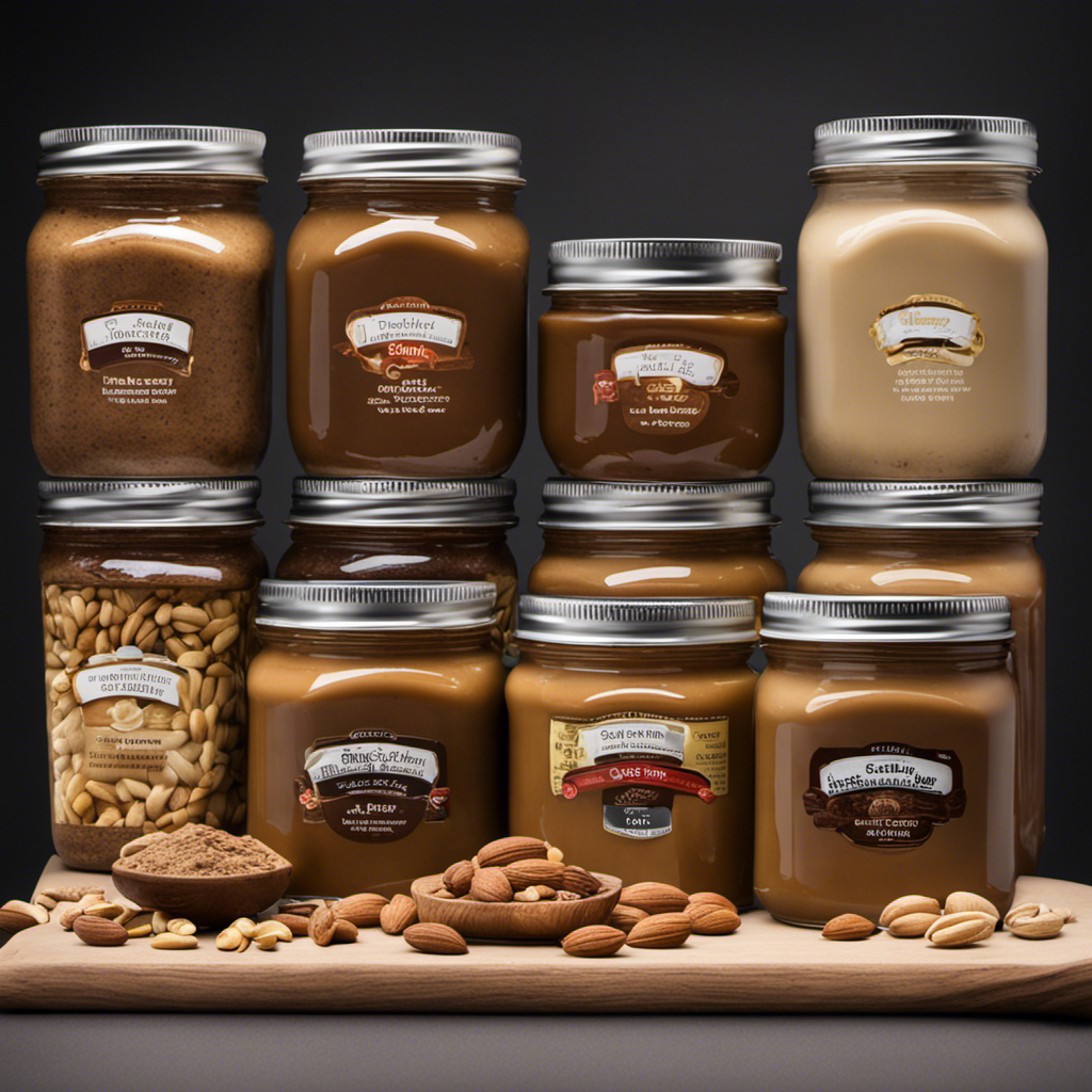 An image showcasing a variety of nut butter jars, each labeled with their corresponding nut, positioned next to a scale